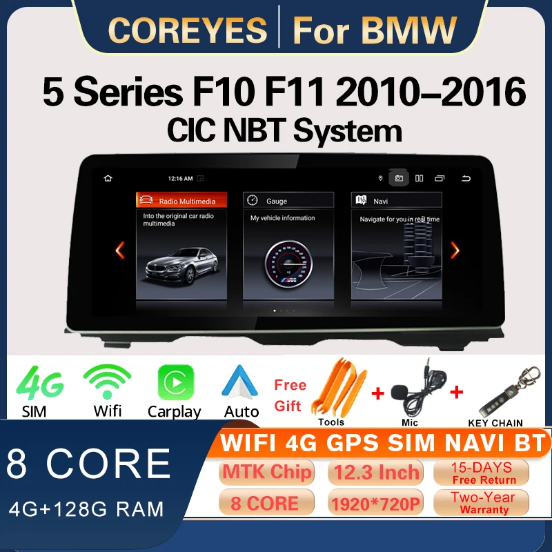 

COREYES 12.3'' 1920*720P For BMW 5 Series F10 F11 2010-2016 CIC NBT System Car Radio Android12Carplay Auto Multimedia Player GPS