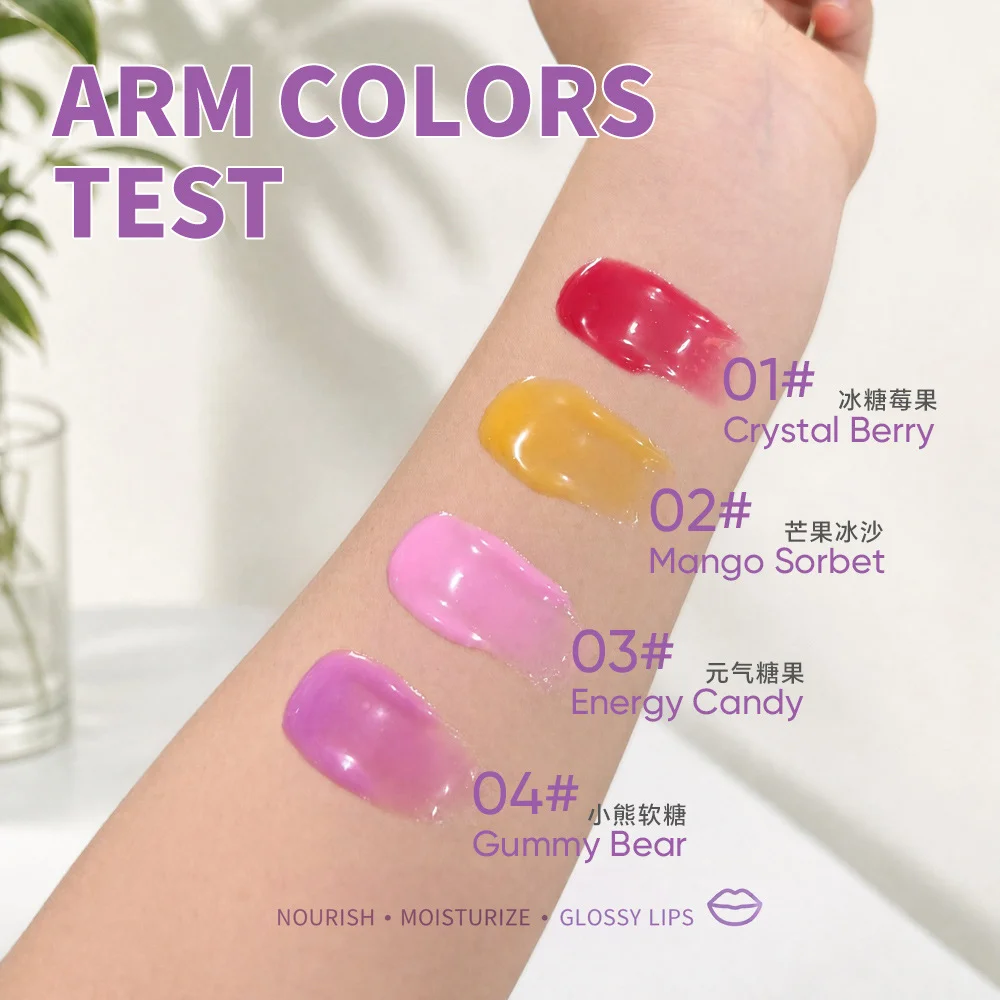 4colors Colorful Packaging Lip Gloss Custom Logo Fruit Flavor Moisturizing Long Lasting Nutritious Private Label Makeup Bulk