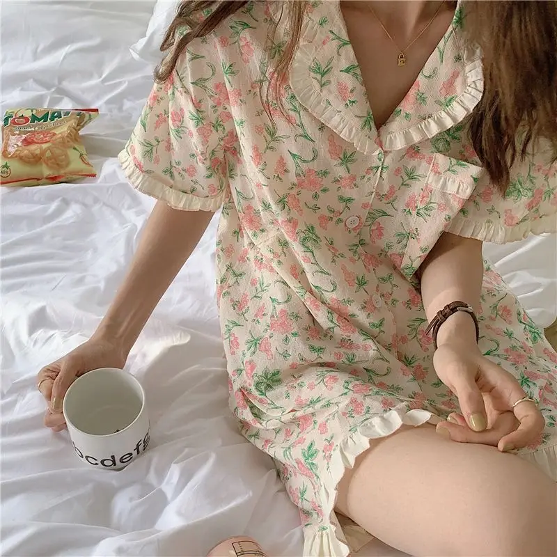 Korean Sleepwear Women Pajama Sets Summer Piiama Button Sets for Women 2 Pieces Night Wears Pyjamas Floral Home Suit Clothes New