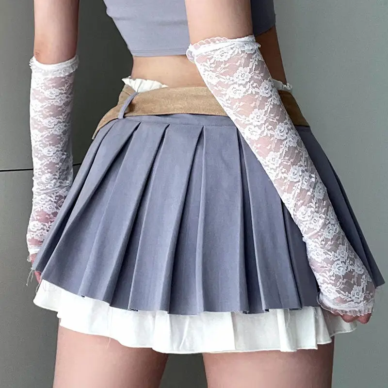 Jupe plissée taille haute froncée à double couche avec ceinture, jolie jupe trapèze coréenne, Preppy, ensemble de 2 pièces