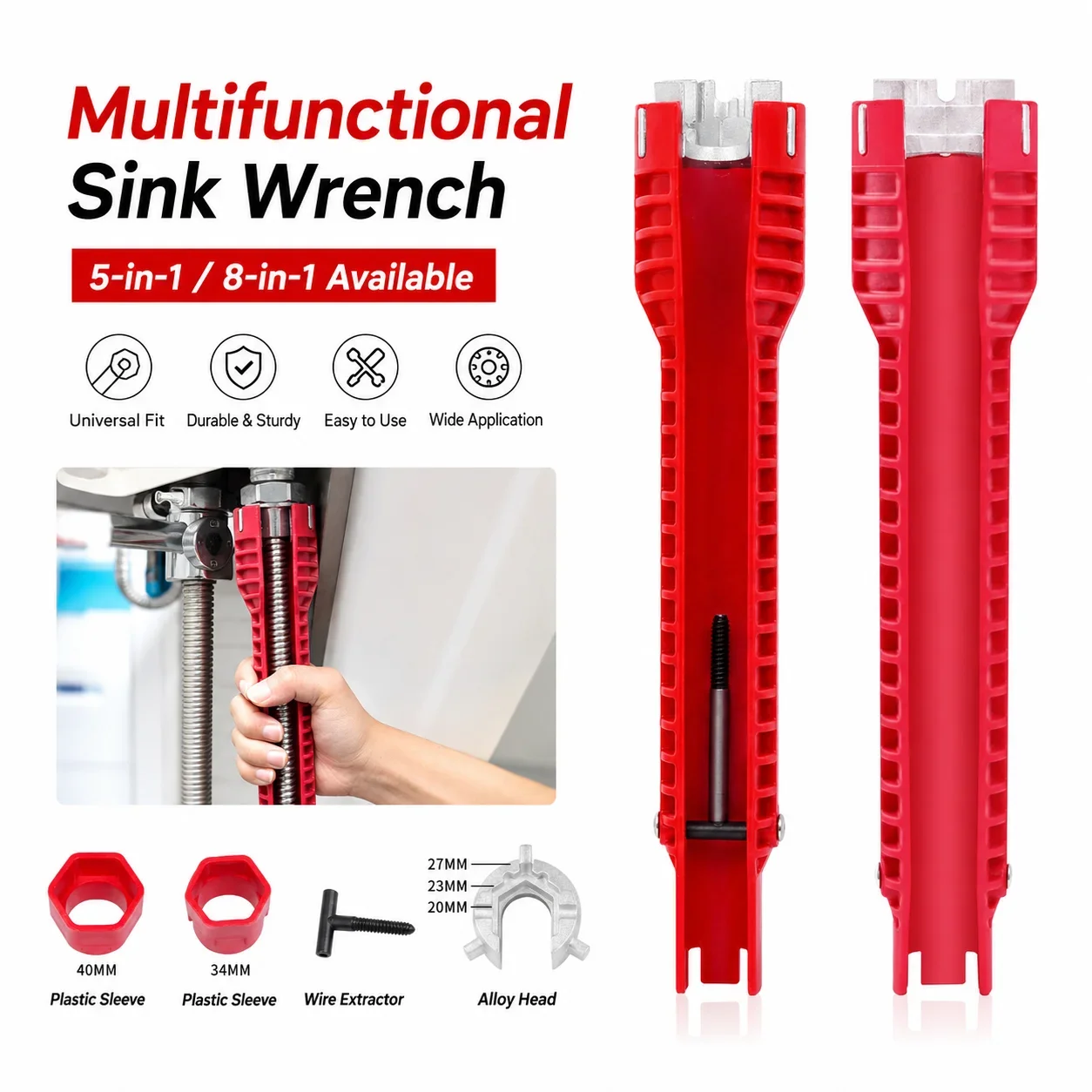 5/8-in-1 Multifunctional Sink Wrench Faucet Installation Removal Tool for Kitchen Bathroom Basin Plumbing Repair Tight Spaces