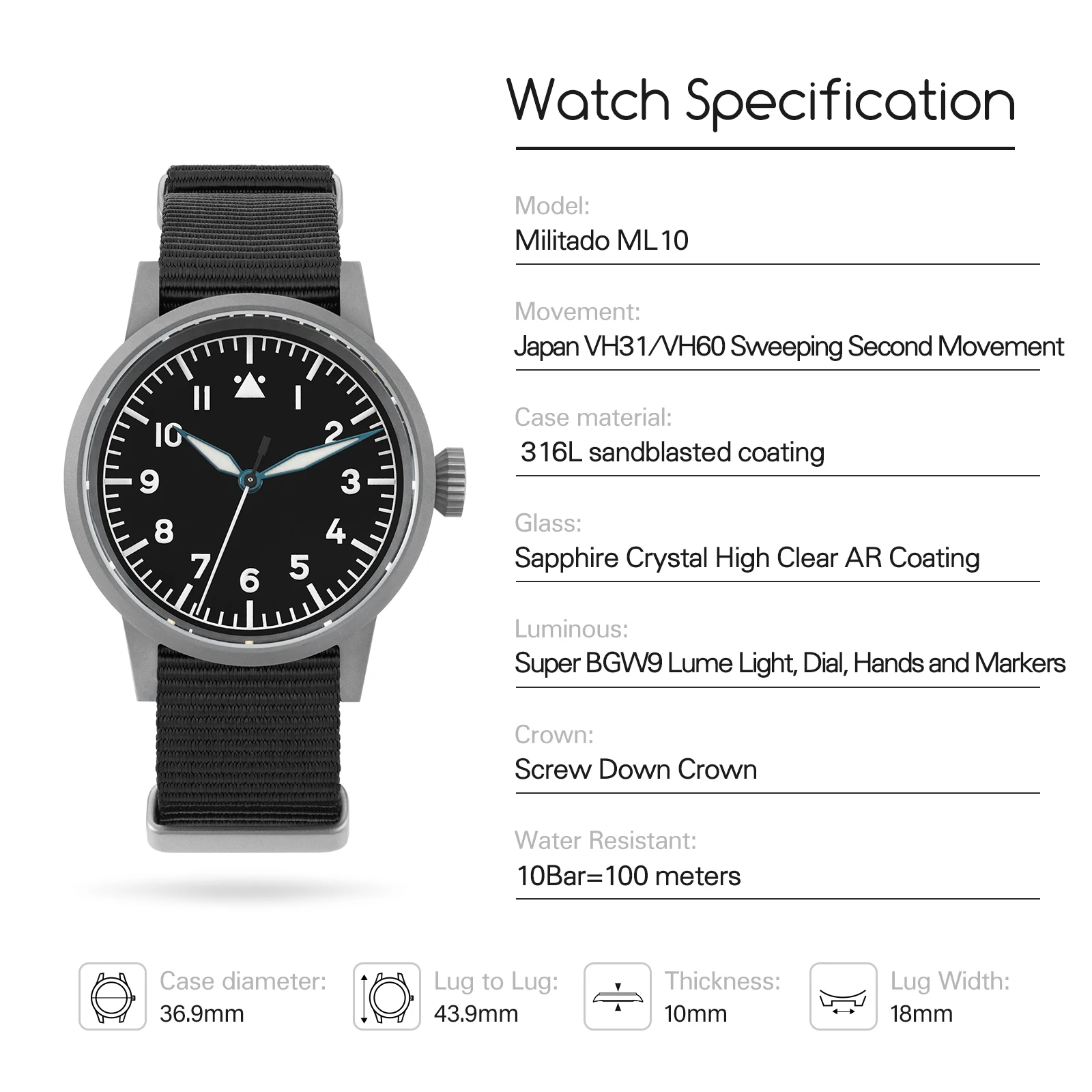 Militado ML10 ساعة كوارتز VH31 كنس الحركة الثانية الياقوت كريستال BGW9 مضيئة 10Bar مقاوم للماء 36.9 مللي متر الساعات خمر #6