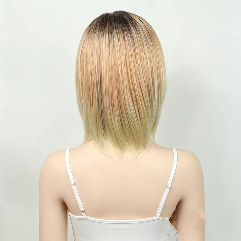 Short Ombre Bob Wig For Women Synthetic Straight Hair Dark Root Ombre Blonde Wigs Middle Part Heat Resistant Fiber Cosplay Daily