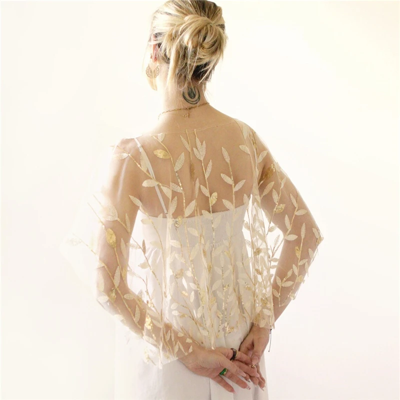 Bridal Wedding Capes Bolero Gold Leaves Sparkly Sequins Starry Women for Evening Party Shawl Tops Cover Embroidered Lace Tulle