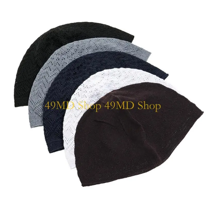 

49MD Breathable Muslims Adult Knit Kufi Elastic Hollow out Islamic Knit Kufi Inner Hat Casual Church Pray Lightweight Hat