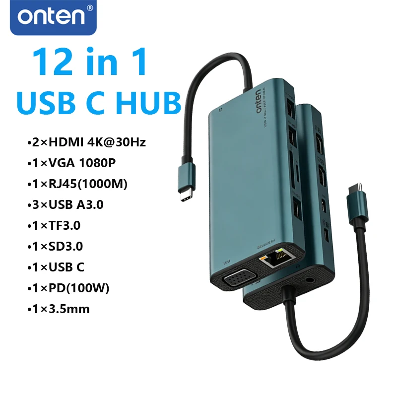 onten-12-in-1-usb-c-ドッキングステーション-デュアルhdmi-4k@30hz-dp-vga-rj45-usb30-sd-tf-pd100w-マルチポートハブアダプター-dell-hp-windows対応