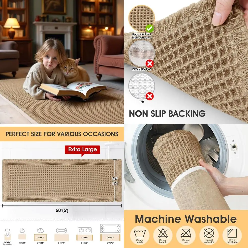 

Large Boho Woven Bath Mat - Ultra Soft, Non-Slip, Washable for Bathroom, Bedroom, Kitchen, Tub, Beige, 5x2 ft