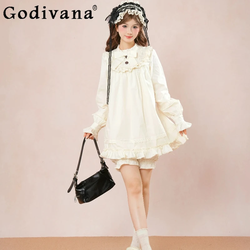 

Japanese Style Cute Short Set Women White Long Sleeve Shirt Autumn New Short Pants Suit Female Sweet Lolita Princess Outfits