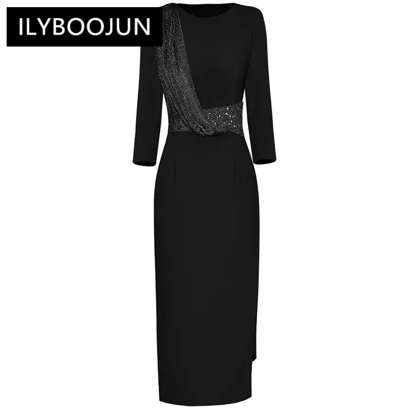 

ILYBOOJUN Fashion Designer Black Vintage Party Dress Women O Neck Long Sleeve Sequins Package Buttock Slit Slim Long Dress