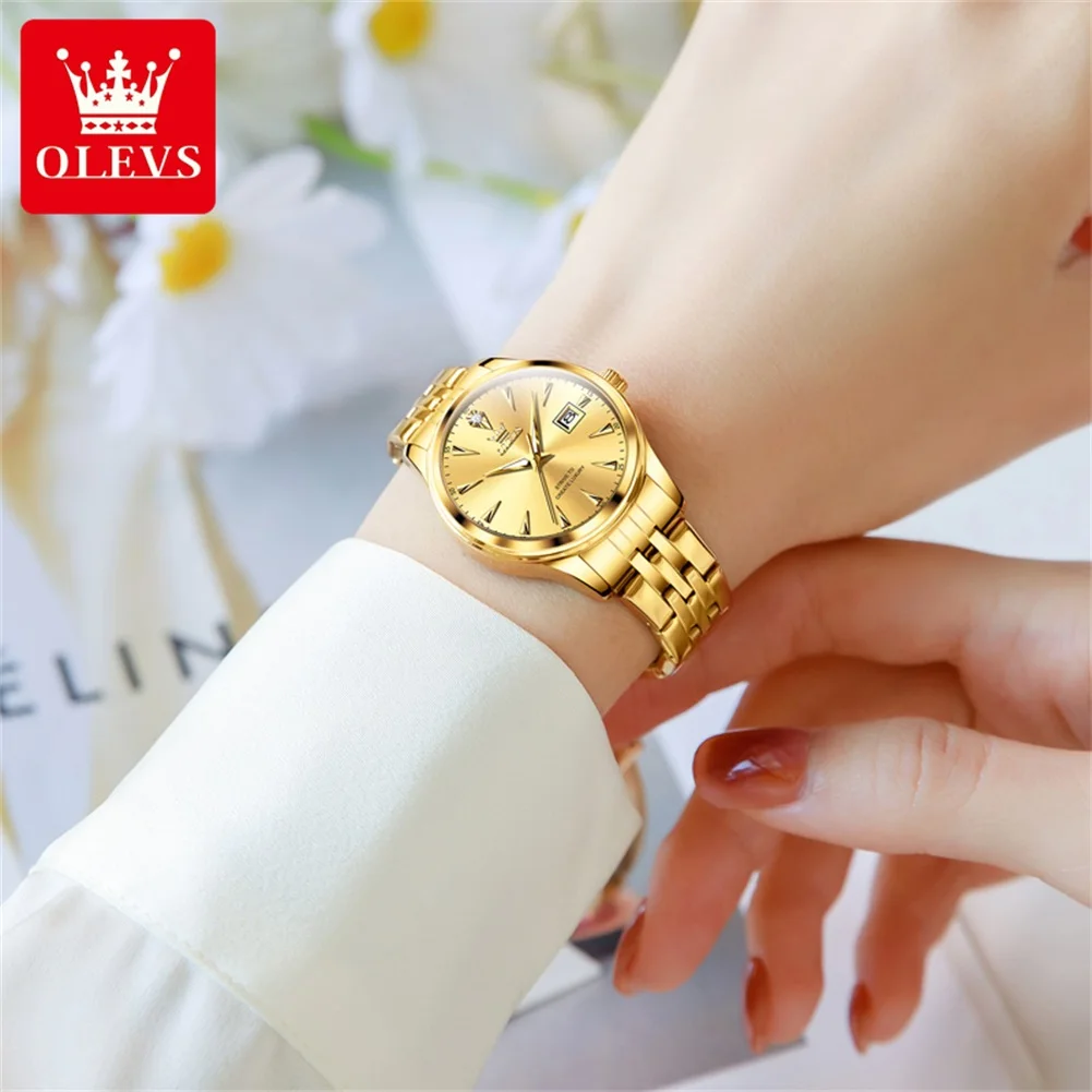 OLEVS Women's Watches Fashion Light Luxury Golden Stainless steel Quartz Watches Waterproof Luminous Date brand Ladies Watches