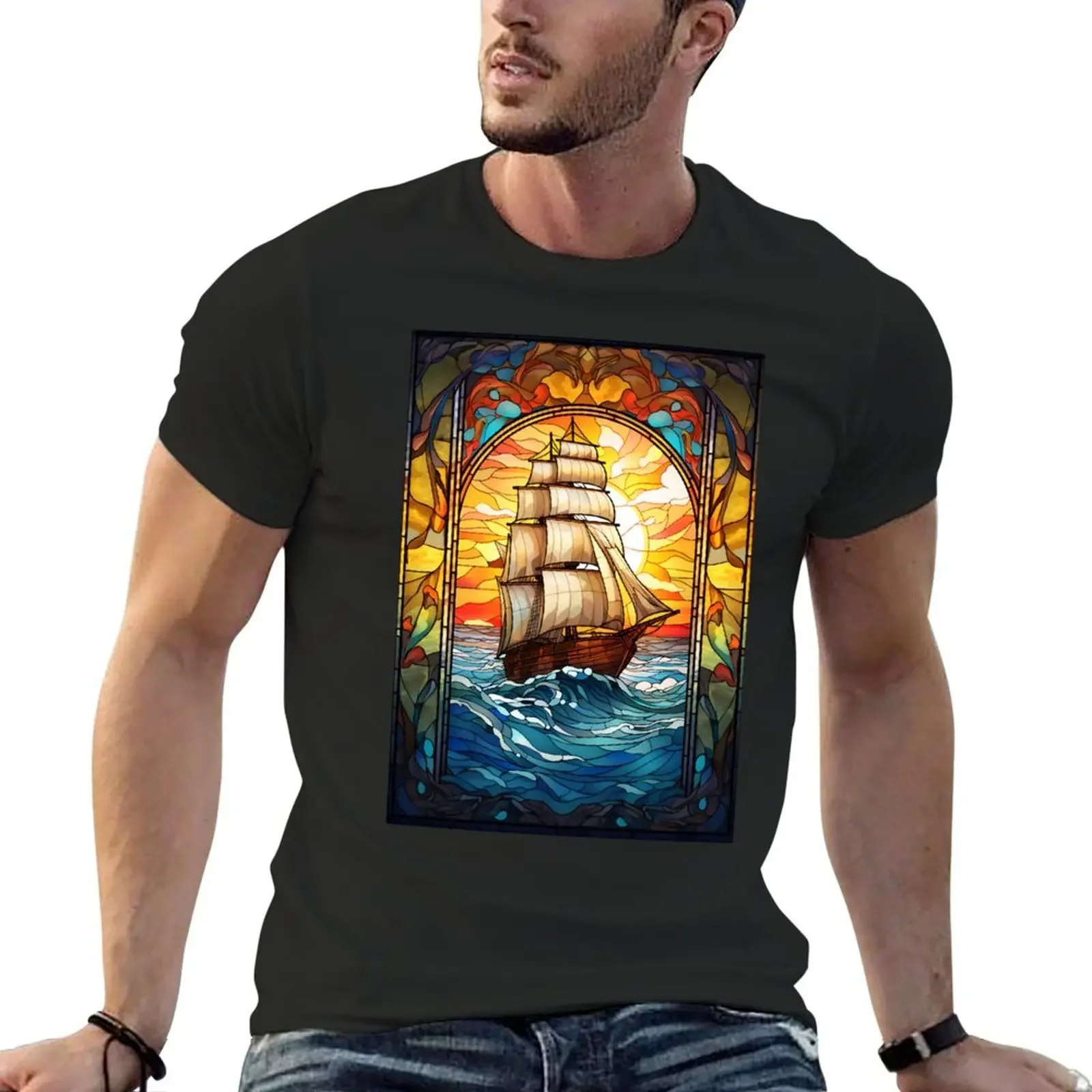 Sailboat Silhouette: Stained Glass Suns T-Shirt graphic shirts man clothes shirts graphic plus sizes men clothing