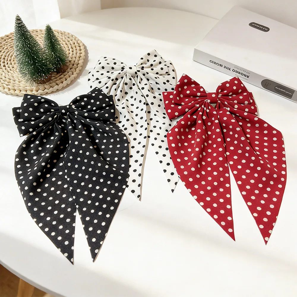2-Piece Hair Clips  Bow Hair Clips, Polka Dot Print Women's Hair Accessories with Bows, Long-Tail Vintage Style