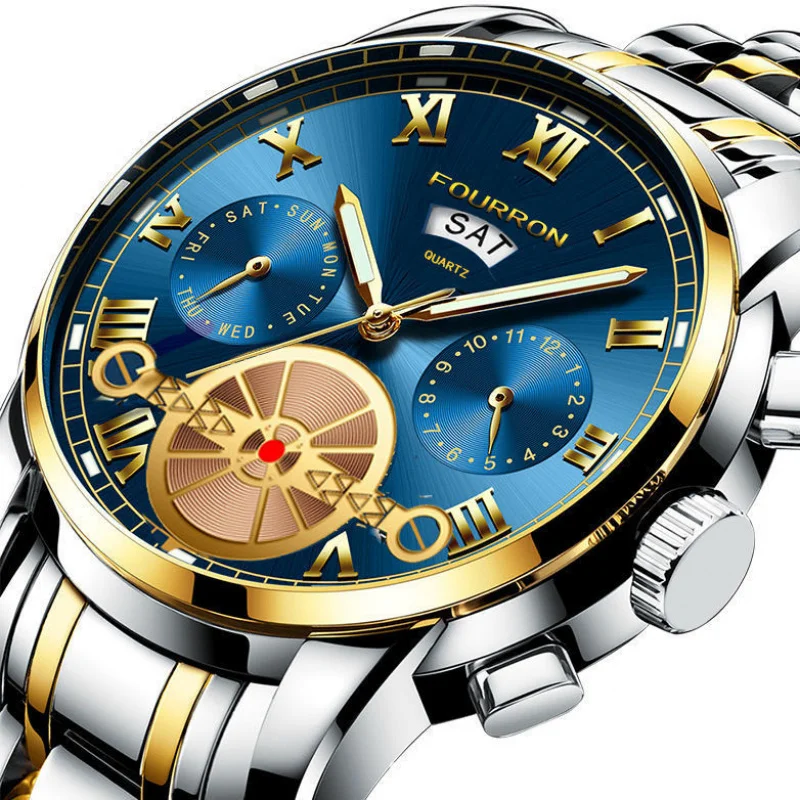 ผู้ชายเข็มขัดเหล็ก Multi-Functional ปฏิทินสัปดาห์การค้าต่างประเทศนาฬิกาแฟชั่นควอตซ์ขายส่ง Live กันน้ํา