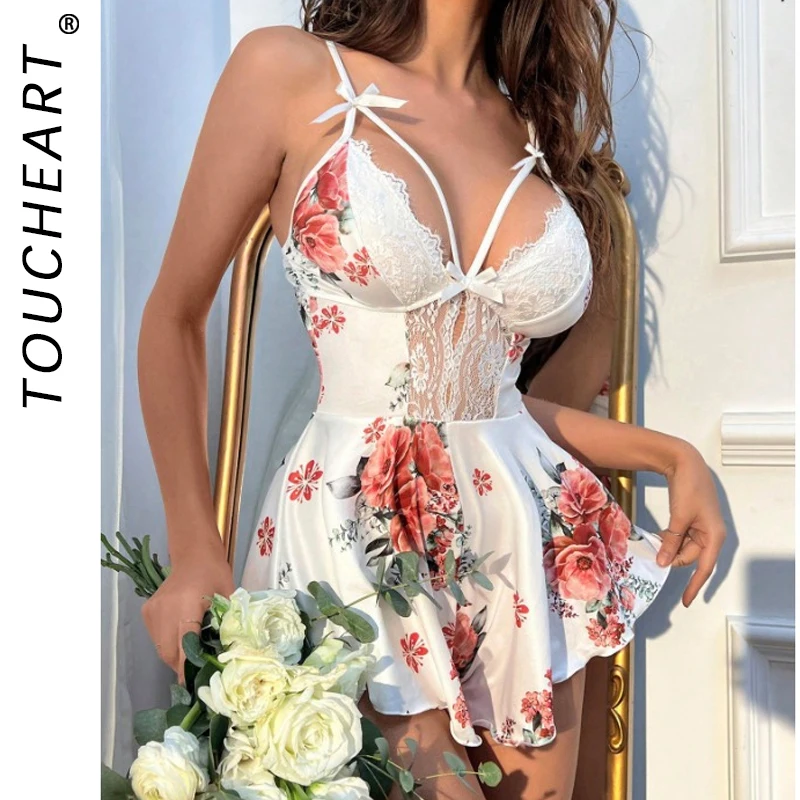 

Toucheart Sexy Bow Knot Suspender Lace Nightgown For Women Satin Floral Print Mesh See-Through Seductive Interesting Nightgown