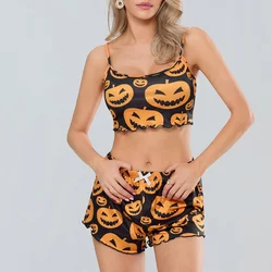 Women's Halloween Pajamas Set Pumpkin Print Cami Tops with Elastic Waist Shorts Loungewear