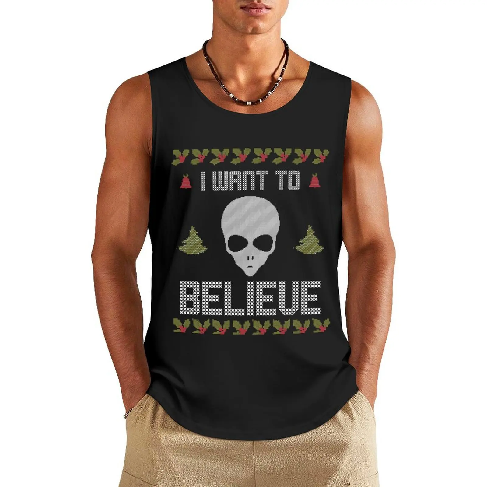 

Alien Ugly Christmas Sweater I want to Believe Funny Tank Top gym clothes man Men's fitness t-shirt