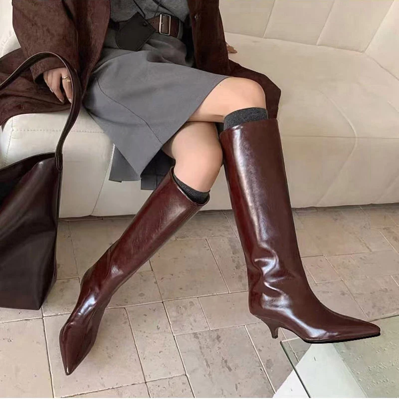 

New Women's Winter Fashion Knee-High Boots Women Pointed Toe Elegant Thin Low Heel Pumps Long Ladies Casual Shoes Zapatos Mujer