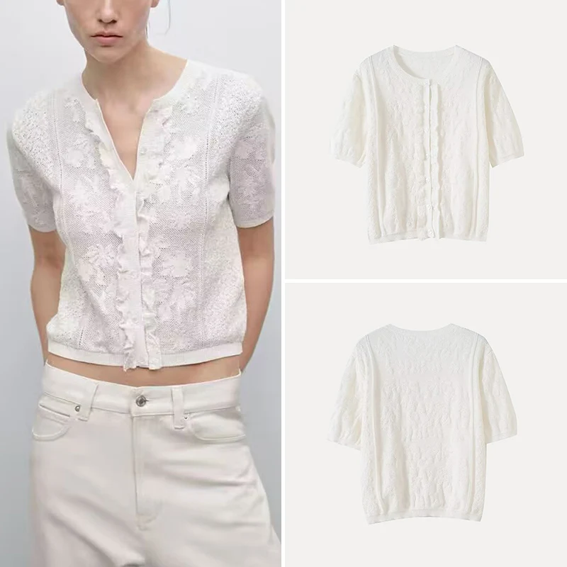 Romantico pizzo lavorato a maglia ort Sve rotondo Ne aperto davanti irt New Women's Faion Spring 2025 Sweet Sle fibra di poliestere