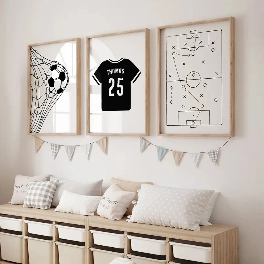 Blue Football and Goal Poster Green Football Field Map Jersey Wall Painting Nordic Wall Art for Kids Room Home Decor Gifts