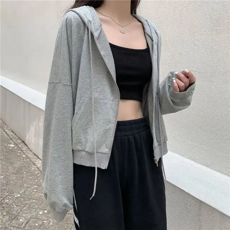 

Lucyever Повседневная толстовка с капюшоном Женская черная серая Y K Укороченные толстовки на молнии Женская свободная спортивная куртка с длинным рукавом Haruku