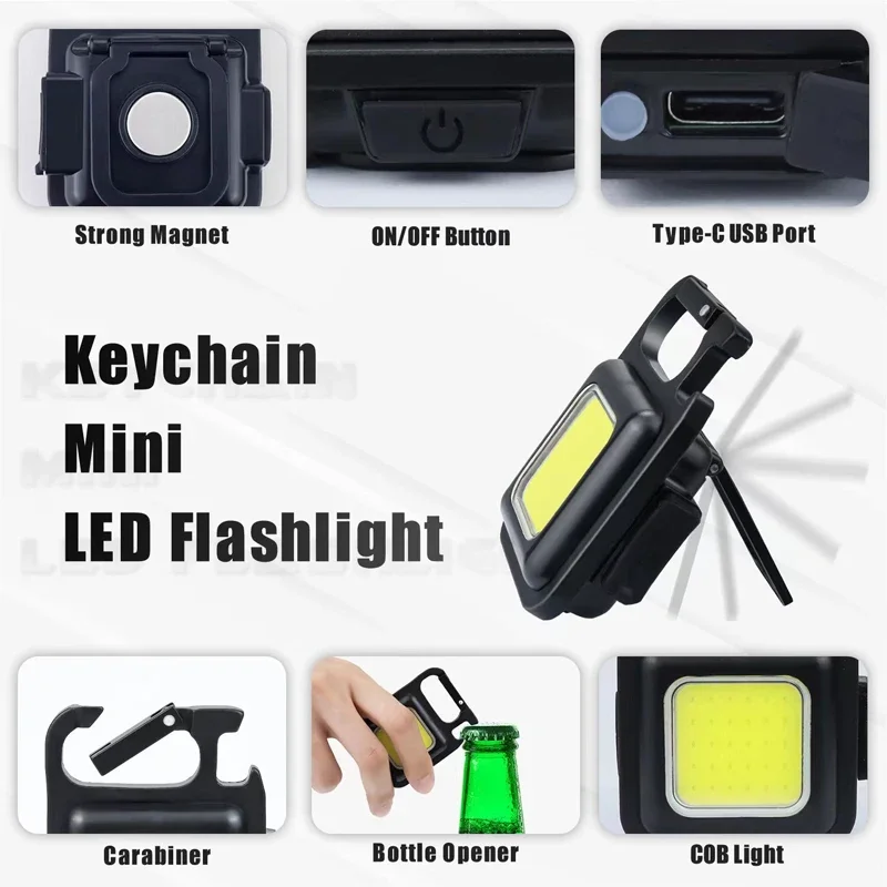 Mini LED Flashlight Work Light Portable COB Pocket Flashlight Keychains USB Rechargeable Outdoor Camping Lamp with Corkscrew