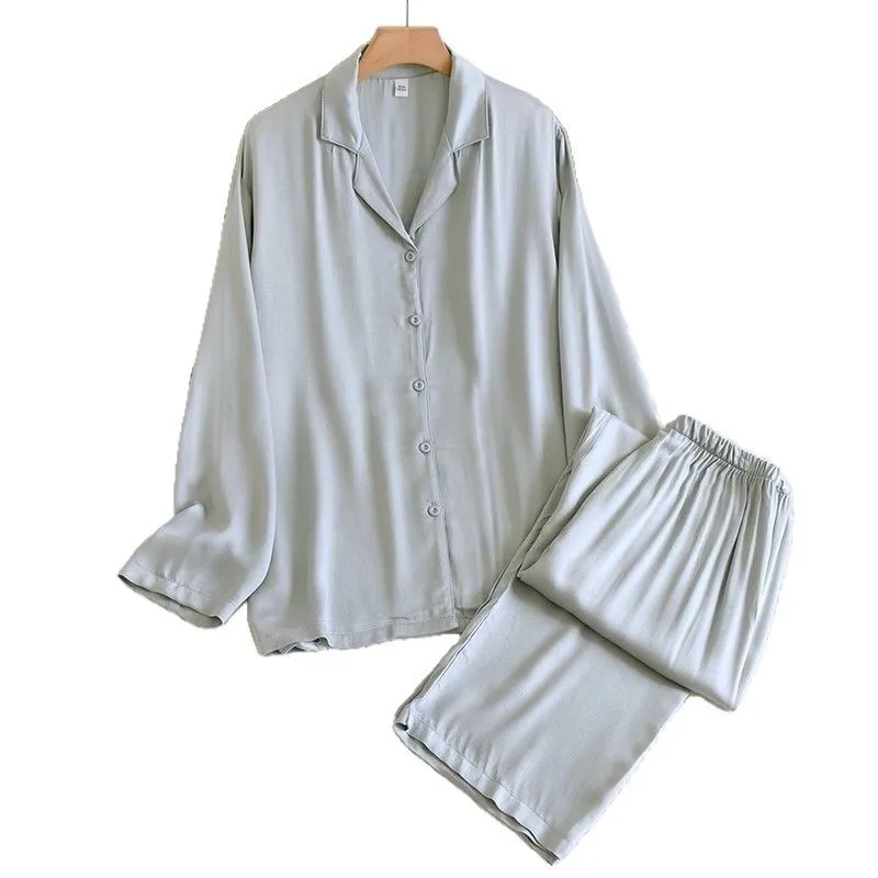 Couple Cotton Silk Pajamas Women's Summer Satin Rayon Long-sleeved Trousers 2 Pcs Set Solid Color Men's Loungewear Thin Set