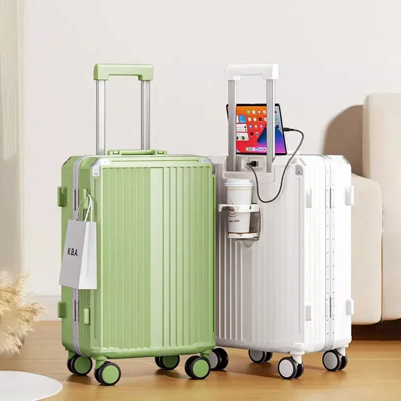 Valigia viaggio moda telaio in alluminio portabicchieri USB rotolamento bagagli ruote Spinner Trolley borsa cabina portabici Password valigia