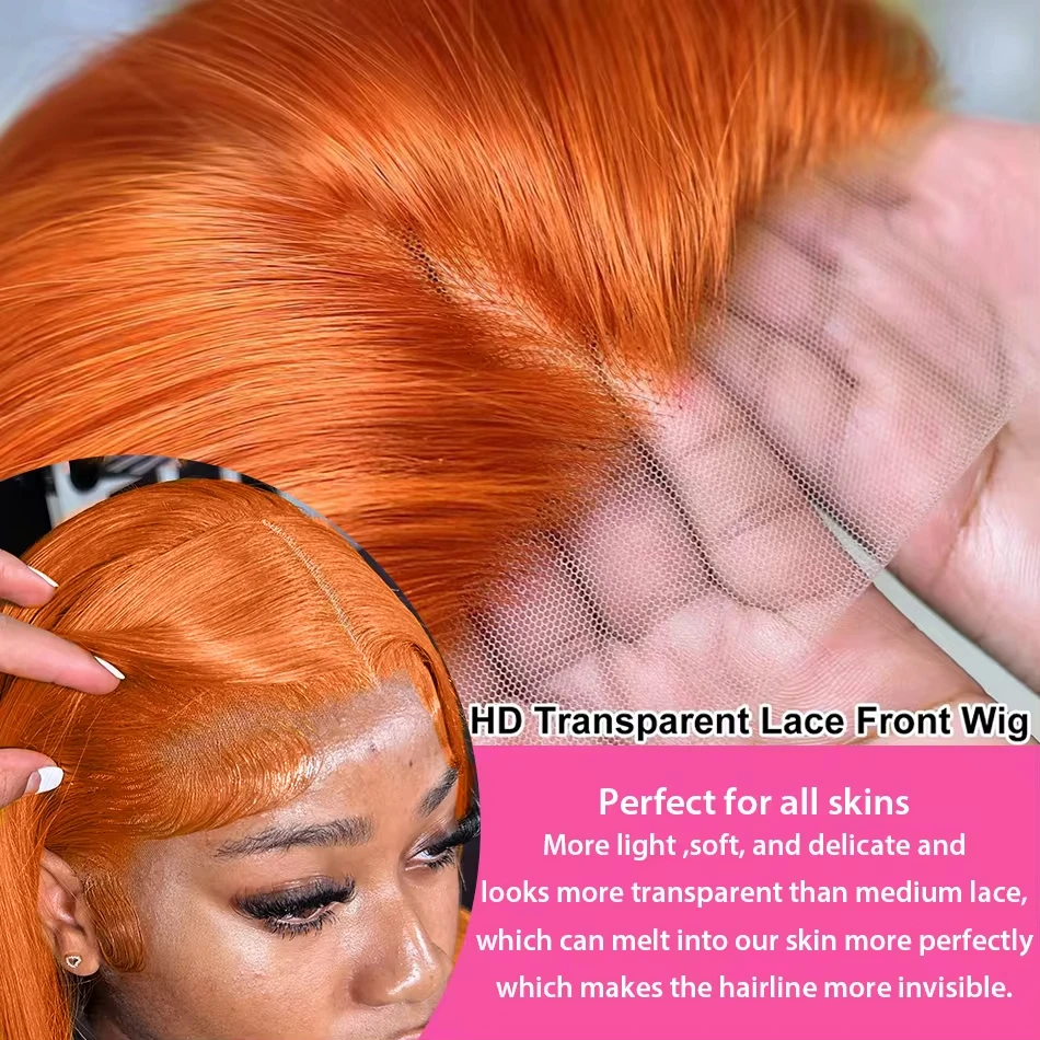 Ginger Orange Color Lace Front Wigs Human Hair Pre Plucked Straight 13x4 HD #350 Colored Wig with Baby Hair 180% Density 13x6