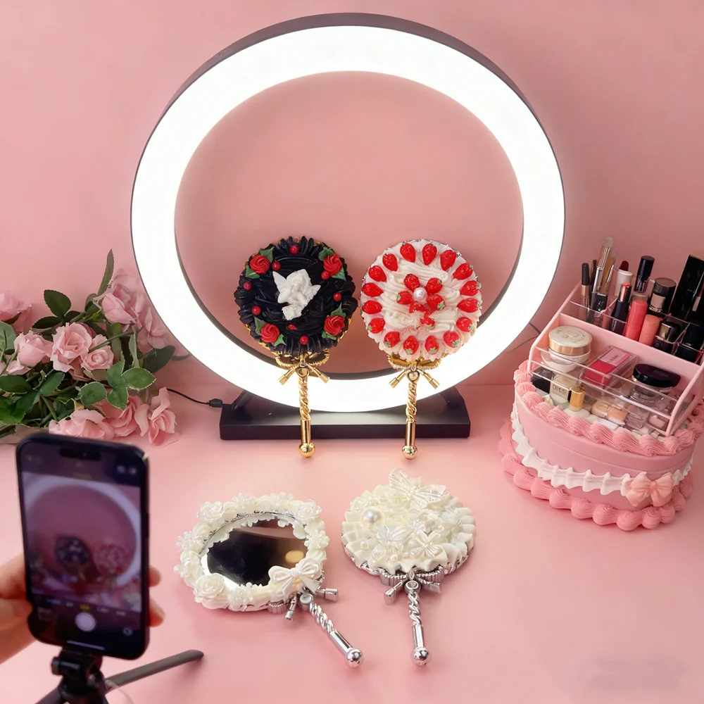 PVC Floral Cream Hand Mirror, Cute Vanity Mirror for Women, Birthday Gift for Girlfriend Mom, Girls Makeup Beauty Essential