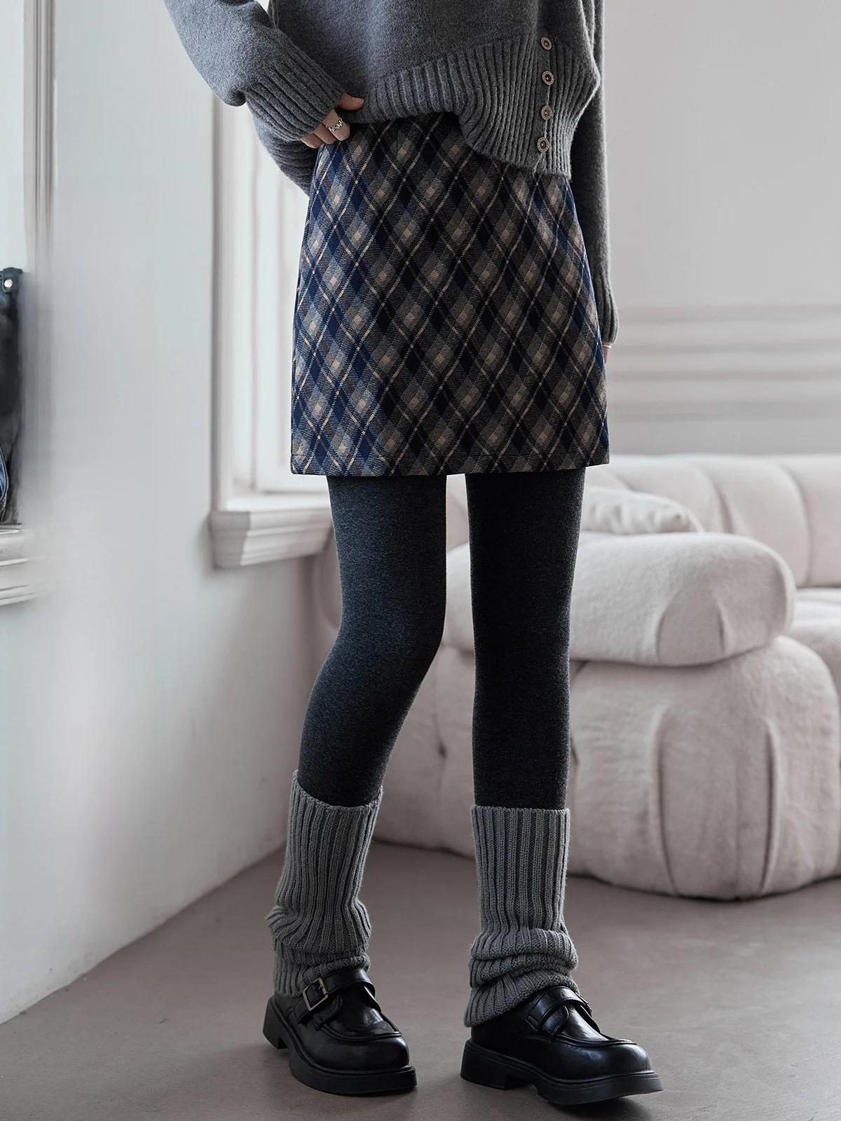 

Женская зимняя винтажная шерстяная юбка с высокой талией в клетку, короткая юбка А-силуэта в корейском стиле, облегающая юбка для офиса