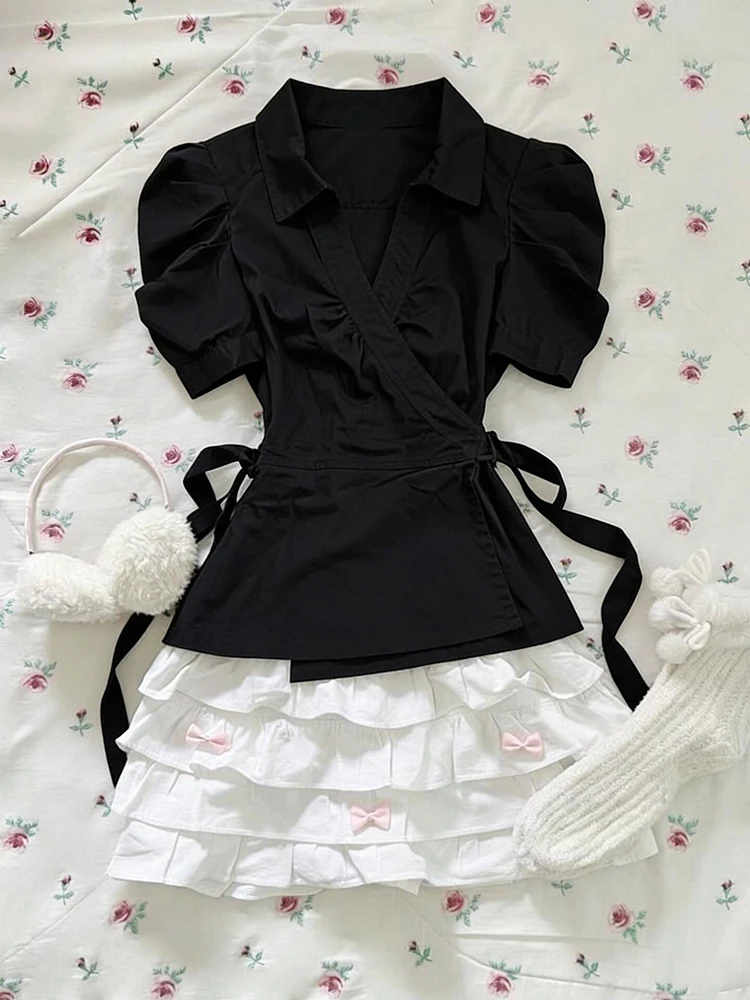 

Original Black V-neck Slim Fit Bubble Sleeve Shirt Women's Summer Fashionable Teenage Girl Style Beautiful Matching Cotton Bl...