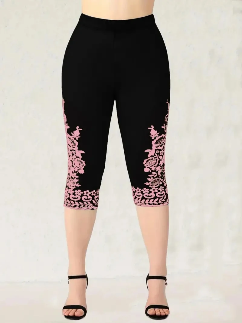 Print elastic elastic waist slim casual leggings capri pants for women