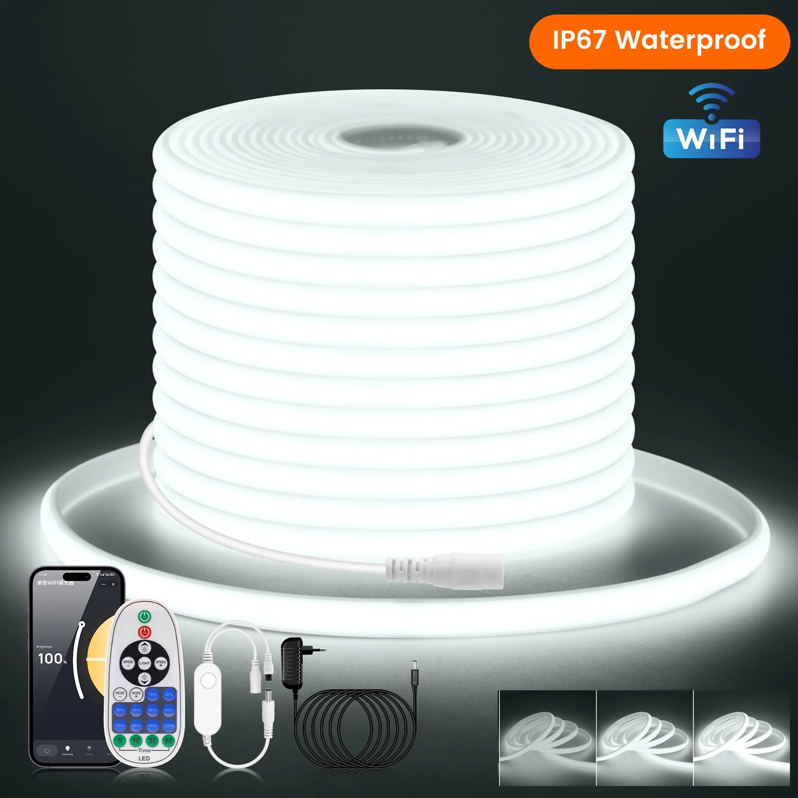 تيار مستمر 12 فولت 24 فولت مقاوم للماء COB قطاع عدة مع محول الطاقة + التحكم عن بعد WIFI APP عكس الضوء حليبي أبيض مرن LED ضوء النيون #1