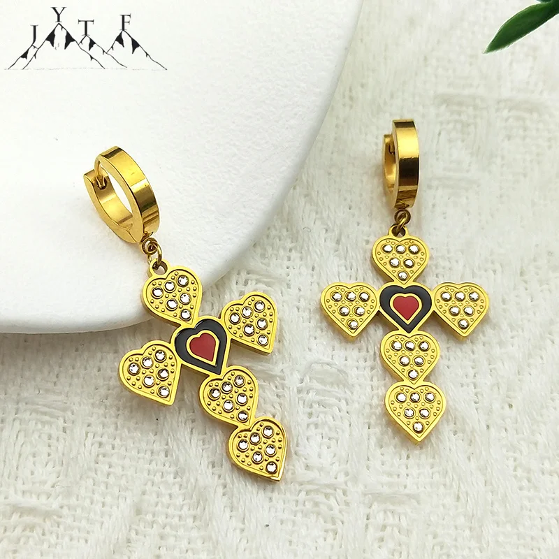 

Rhinestone Jesus Cross Red Love Heart Hoop Earrings For Men Women Stainless Steel Religious Lover Couple Enamel Jewelry ZZZ762-4