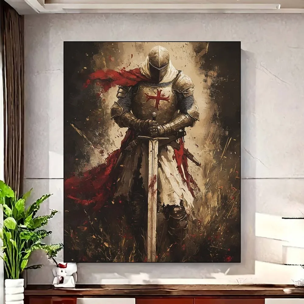Caballero Medieval en armadura con capa cruzada roja, pintura al óleo, estilo lienzo, arte para adultos principiantes, Kit de pintura por números Diy sin marco