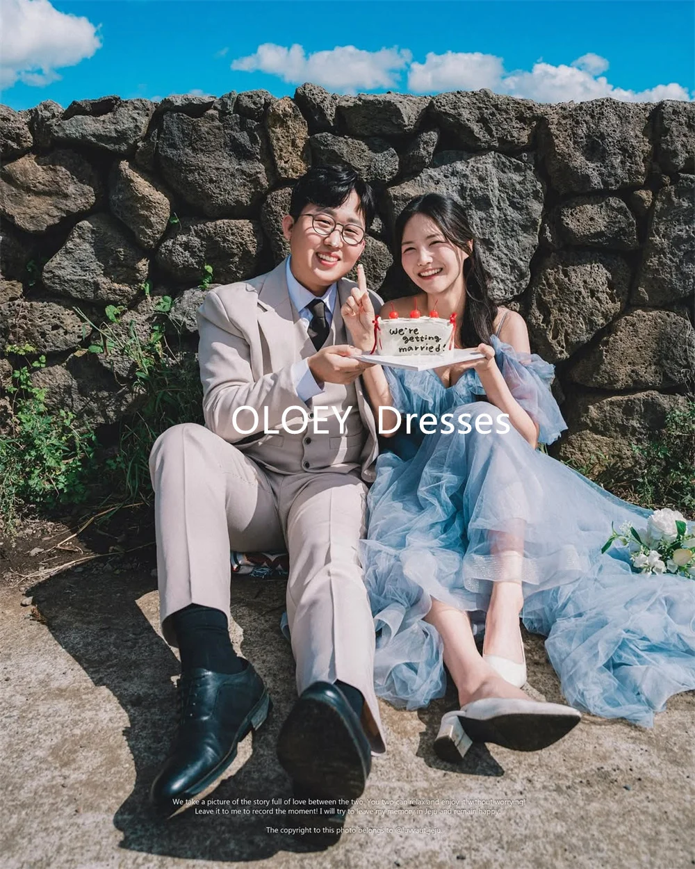 OLOEY 2025 Blue A Line Prom Dresses Korea Photoshoot Garden Pleats Tulle Wedding Party Gown Floor Length Off Shoulder Customized