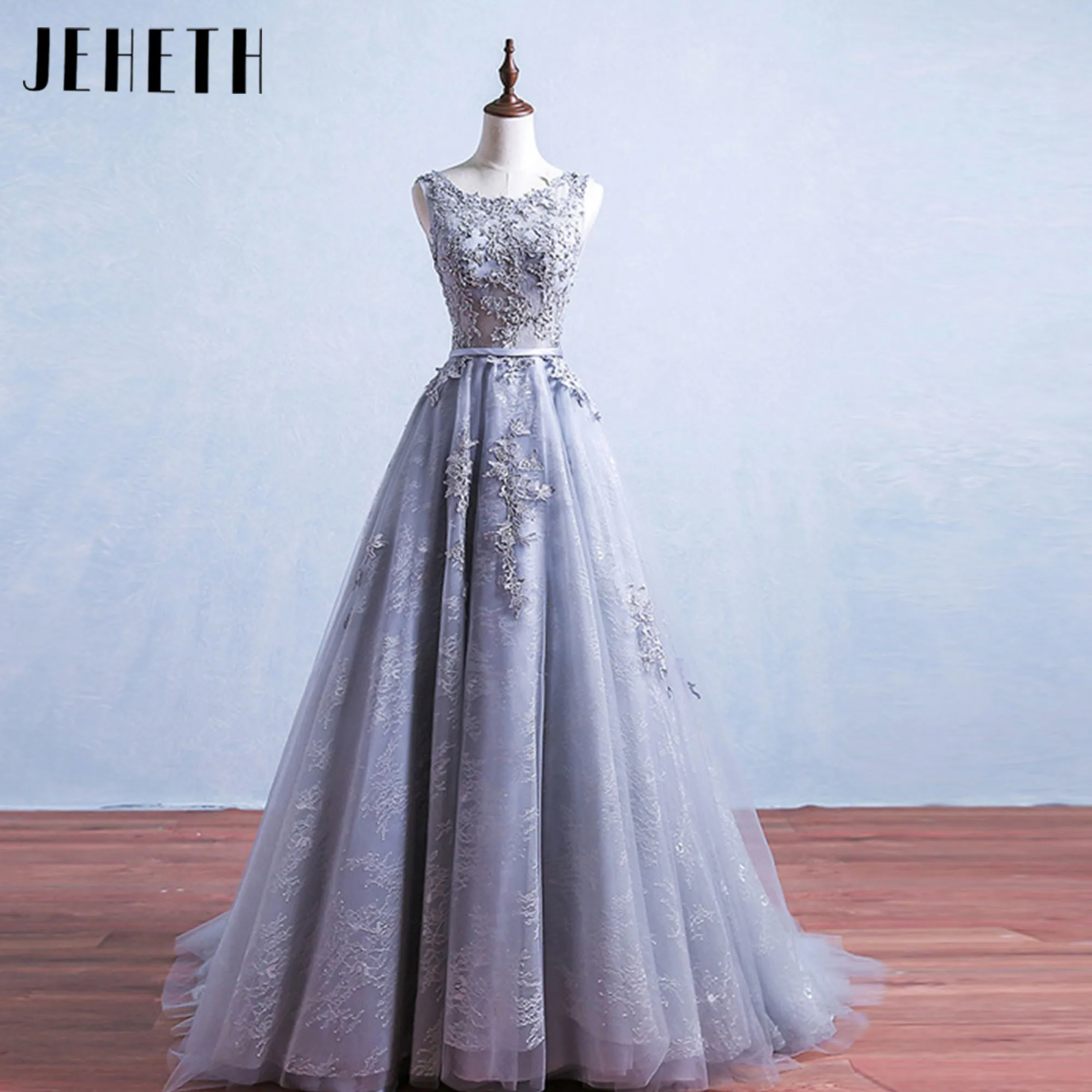 

JEHETH Gray A-Line Evening Dresses Tulle Lace Appliques Elegant Prom Party Gowns Beach Wedding Guest Formal Vestido De Fiesta
