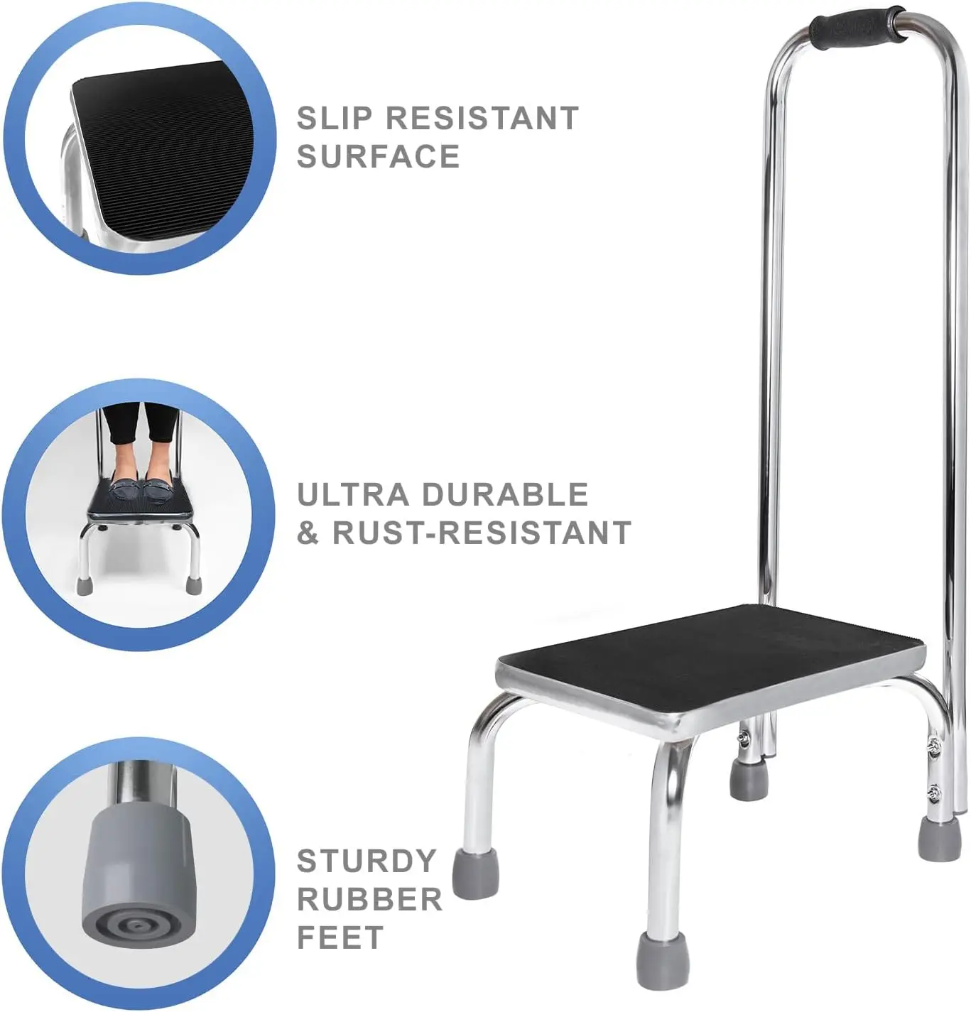 Banqueta cromada resistente com alça e plataforma antiderrapante para uso doméstico, clínico e externo