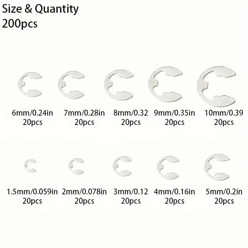 Anillo de retención en caja de 120/200 Uds., eje tipo E de acero inoxidable 304 con pasador de eje de resorte a presión y anillo de retención dividido de 1,5-10mm