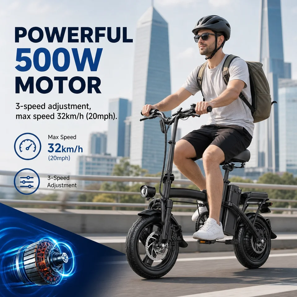 500W Motor 14" Folding Electric Scooter Bike, 3 Speed Modes, 22.8kg Lightweight Foldable E-Bicycle, 20MPH Commuting Ebike for Adults with Disc Brakes image 2