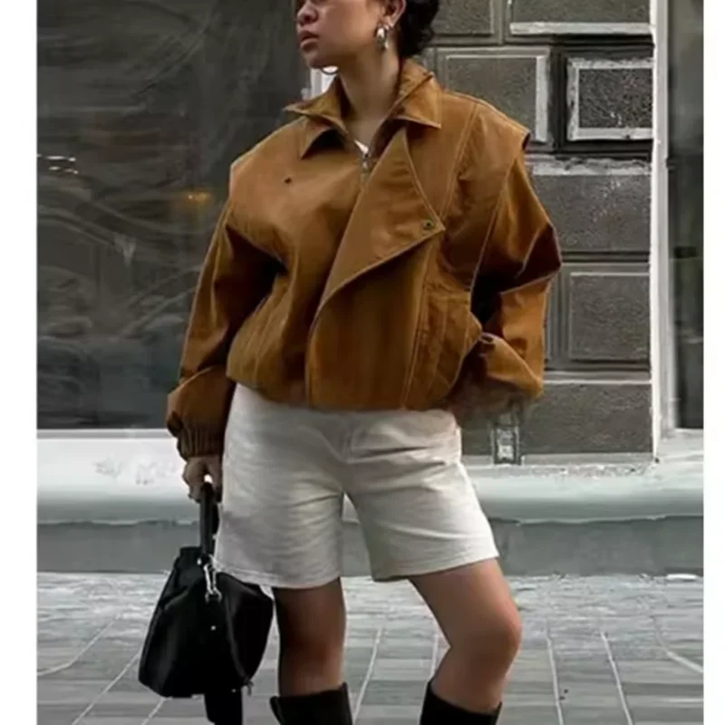 سترة فضفاضة لراكبي الدراجات النارية من جلد الغزال معطف كاجوال أنيق ملابس خارجية شتوية للنساء معطف سترة من جلد الغزال الصناعي البني #1