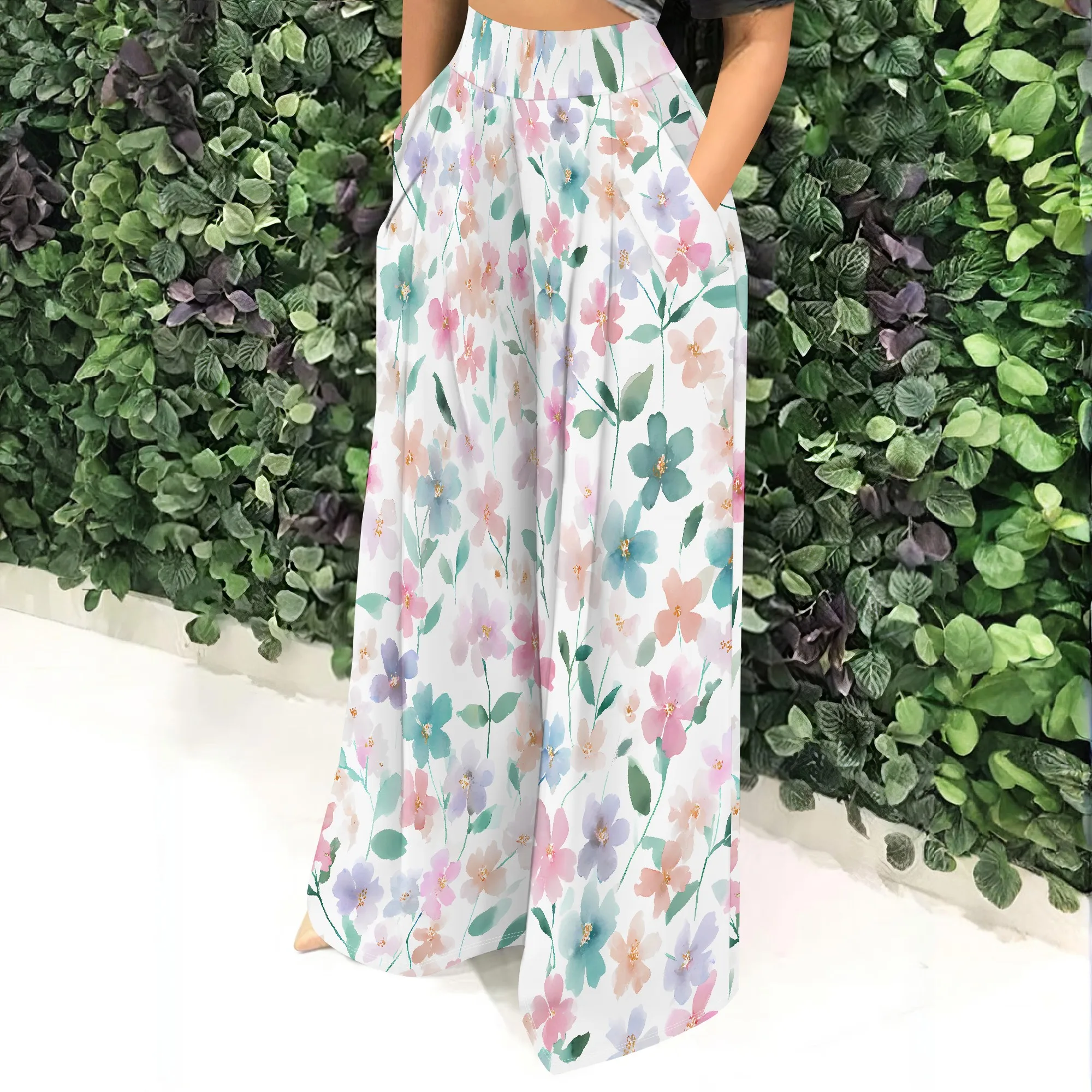 Floral Print Wide Leg Pants, High Waisted Casual Trousers with Pockets, Loose Fit Summer Beach Wear for Women, S-2XL