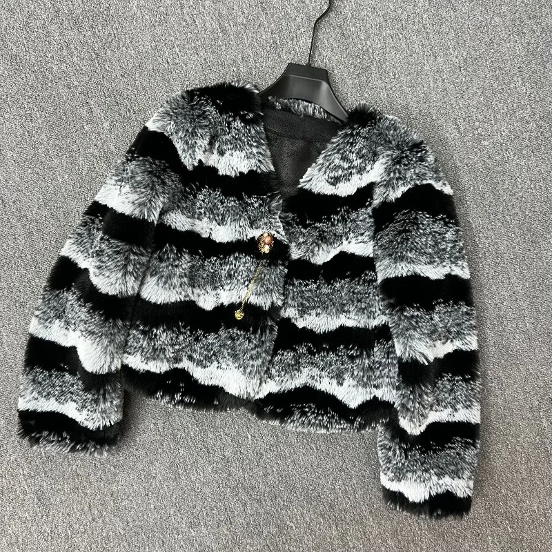 2025 Autumn Winter New Faux Fur Coat For Women's Black And White Striped Short Thickened Warm Long-sleeves Woolen Jacket Outwear