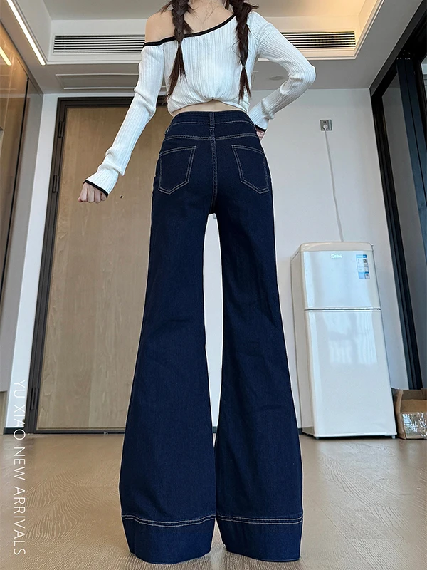 

Американские ретро-джинсы из денима синего цвета, микро-клеш, женские, свободные, с высокой талией, прямые, в пол, расклешенные, осень-зима