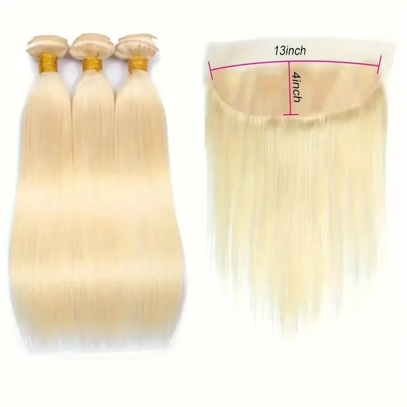 สีบลอนด์ 613 Human Hair 3 รวมกลุ่ม/ส่วนขยาย 13x4 ปิดหน้าผาก, นุ่มและหนา 613 สาน, ไม่มีการส่อง Tangle-ฟรี 12-30 นิ้ว