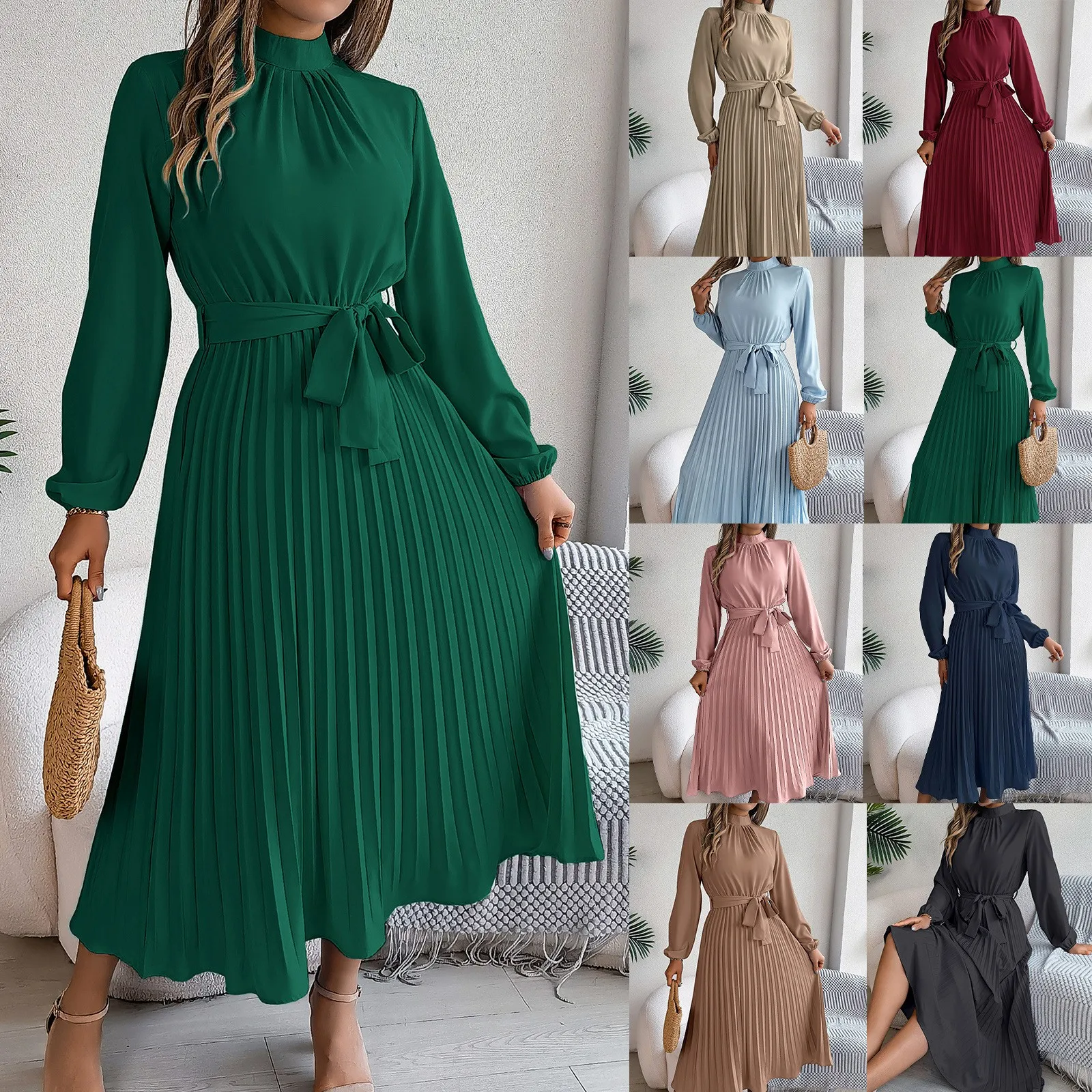 Elegante Vestido de Cuello Alto de Manga Larga con Cintura Alta, Vestido Maxi de Tela Fluida Verde Oscuro, Vestido Plisado en Línea A Rosa Empolvado