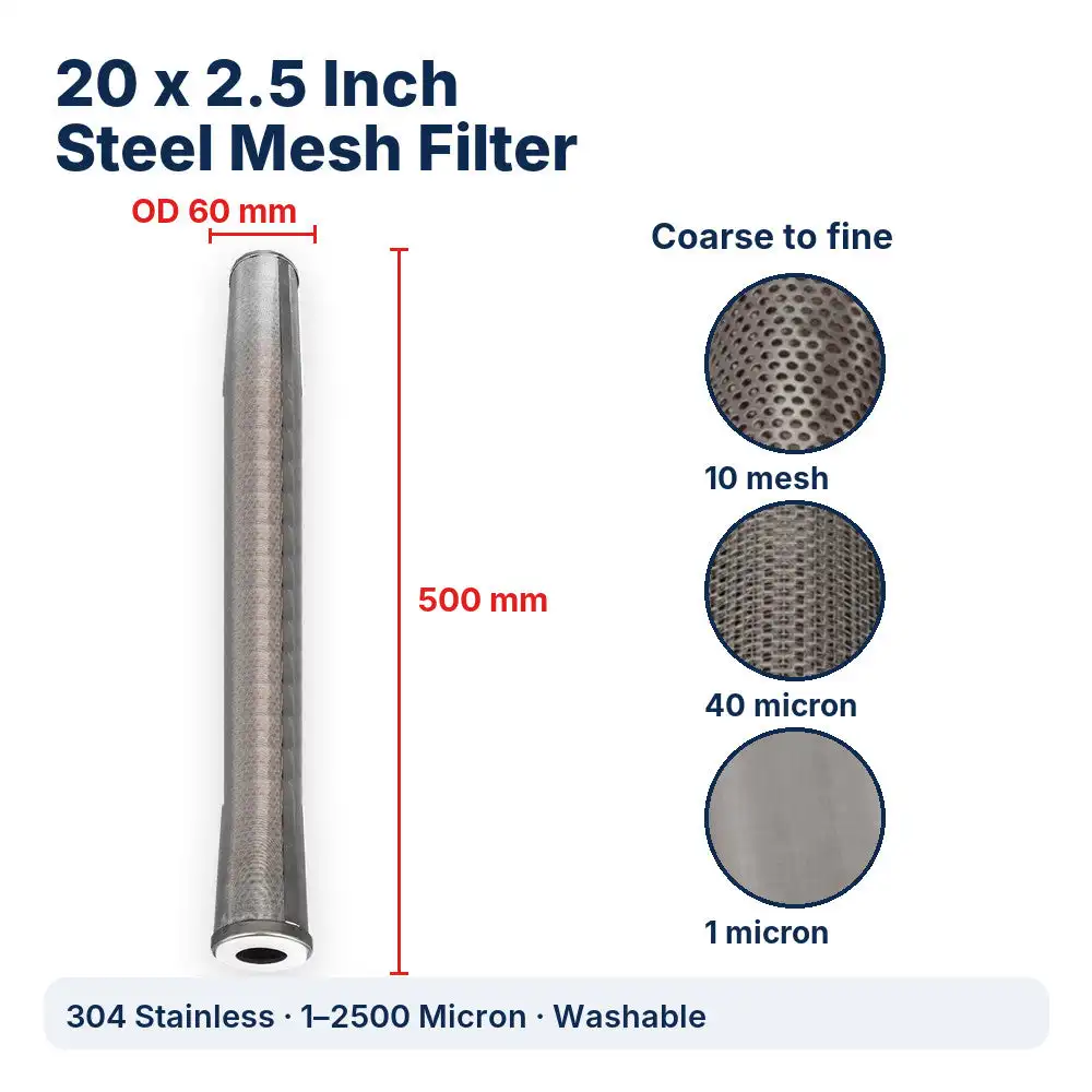 20 x 2.5 Inch Stainless Steel Filter Cartridge 304 Washable Sediment Mesh Water Filter 1-2500 Micron for 20 Inch Housing