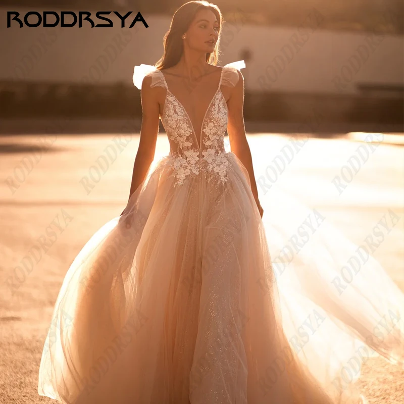 RODDRSYA Romantic Princess Wedding Dress For Women Spaghetti Straps Sleeveless Bride Party Deep V-Neck Backless Bridal Gowns