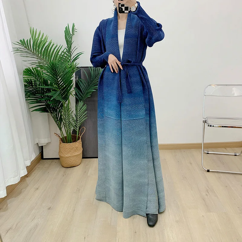 

Women Trench Miyake Pleated Fashion gradient Batwing sleeve Loose Large Size Long Sleeve Female coat belt robe