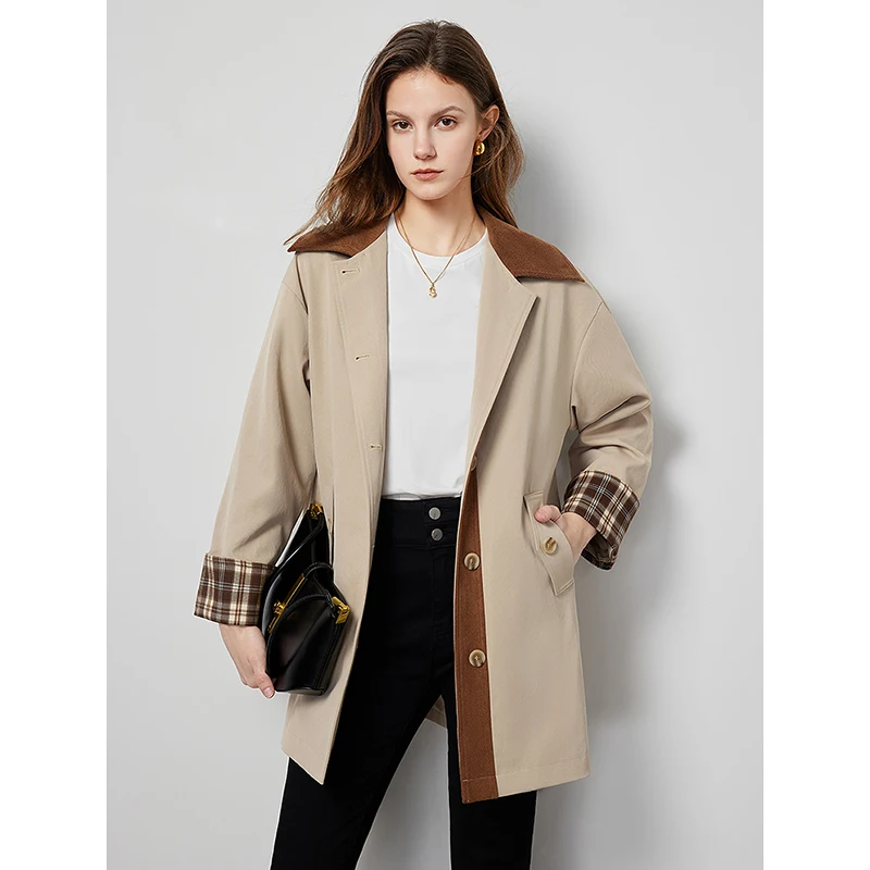 TOYOUTH Women Trench Coat 2024 Spring New Maillard Style Single Breasted Button Contrast Classic Stripe Khaki Windbreaker Coat